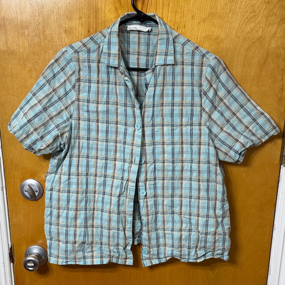 OAK + FORT Men's Teal and Brown Checkered Shirt